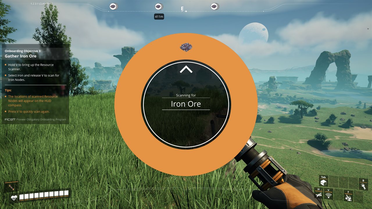 Satisfactory Resource Scanner scanning for Iron Ore, node markers on the HUD compass at 411m