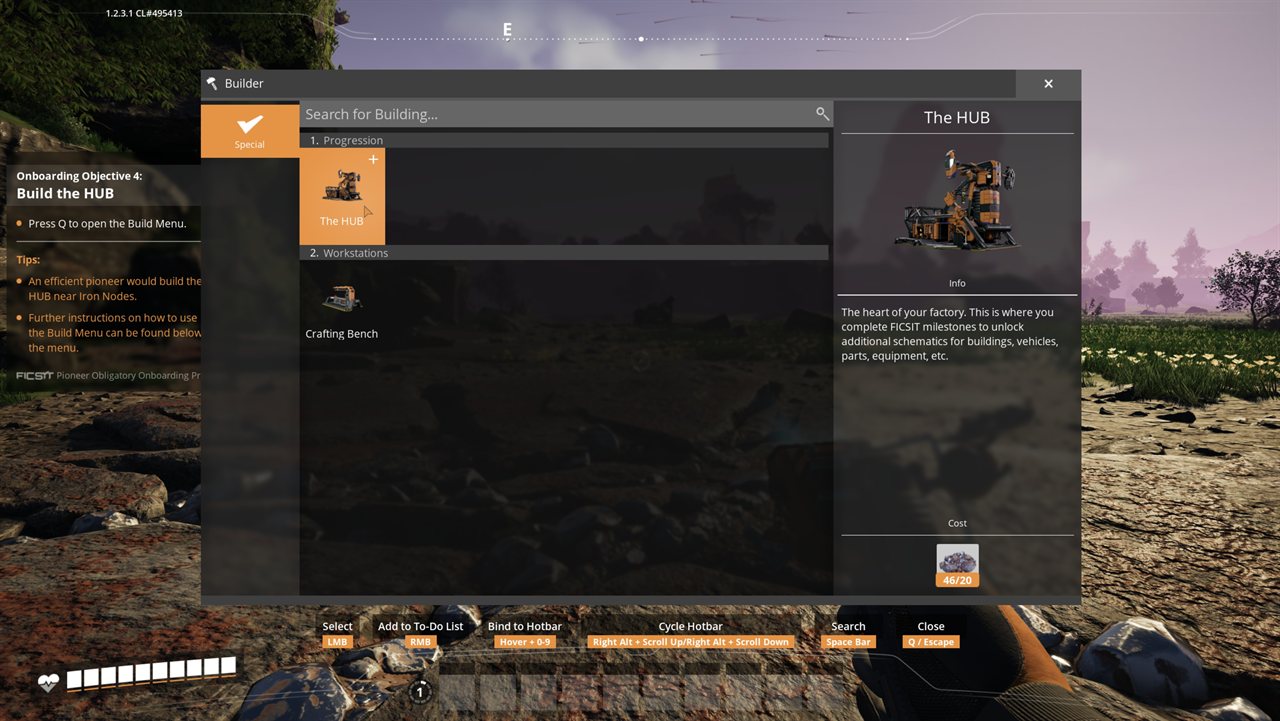 Satisfactory Build Menu showing The HUB under Progression with a cost of 20 Iron Ore