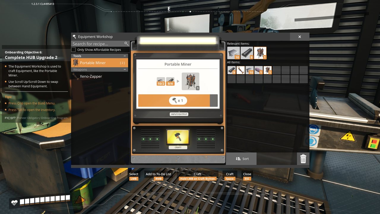 Satisfactory Equipment Workshop crafting the Portable Miner from Iron Plates and Iron Rods