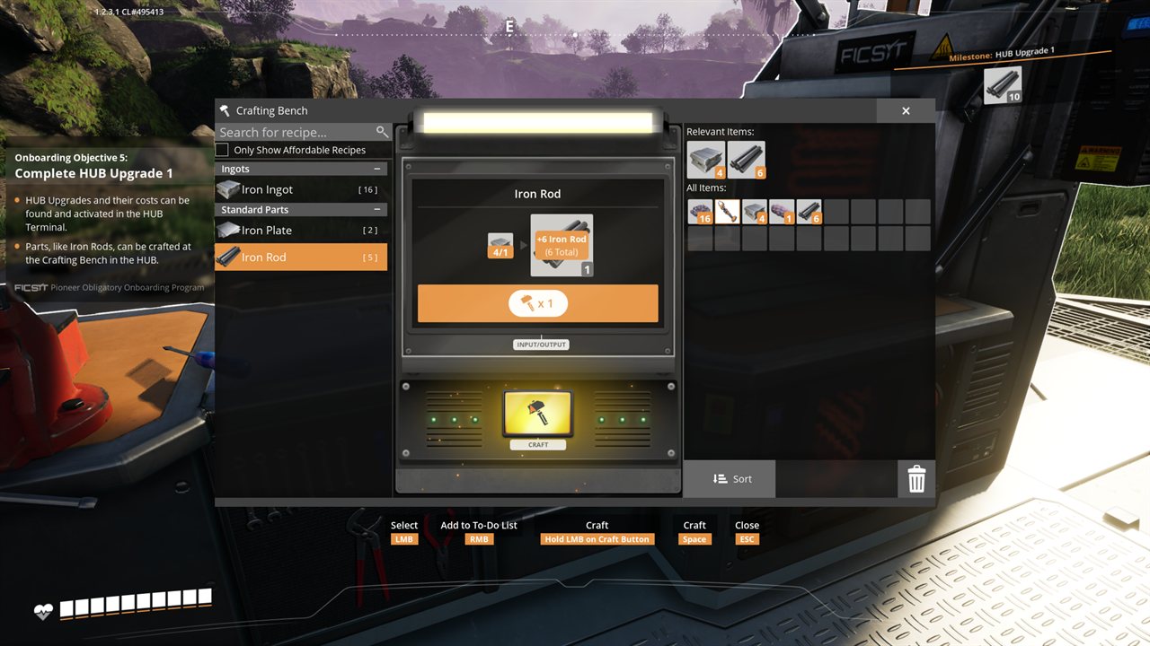 Satisfactory Crafting Bench crafting Iron Rods for HUB Upgrade 1