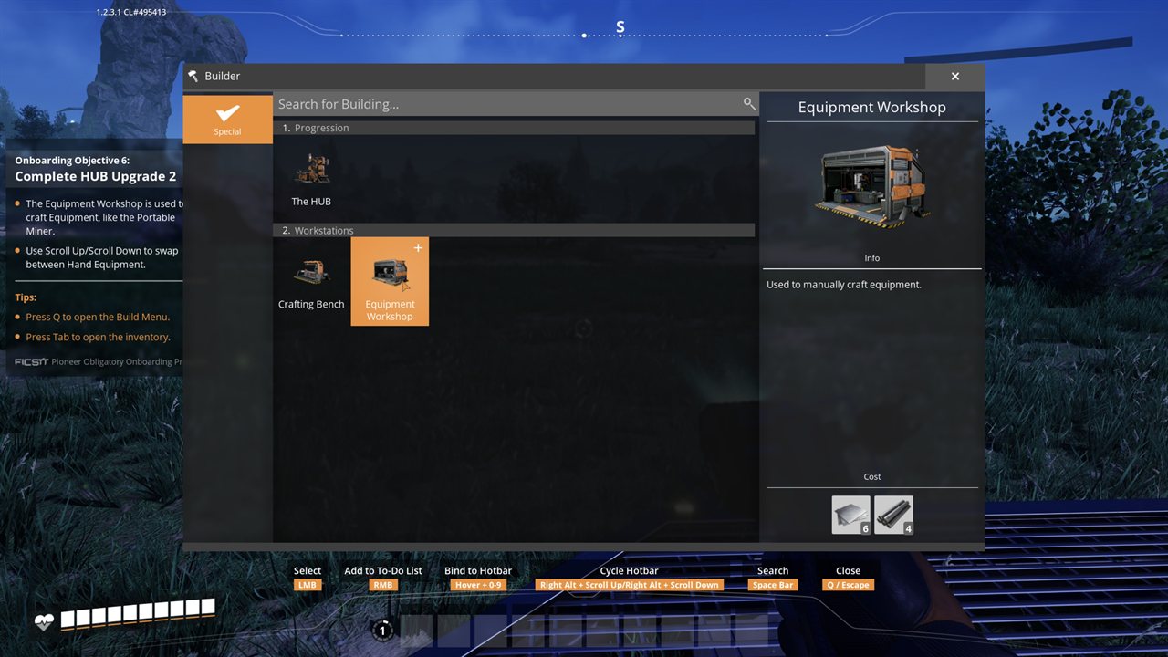 Satisfactory Build Menu with the Equipment Workshop selected, used to craft equipment like the Portable Miner