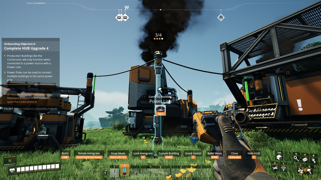 An early Satisfactory factory of machines wired to a Power Pole, powered and running, Biomass Burner smoking behind