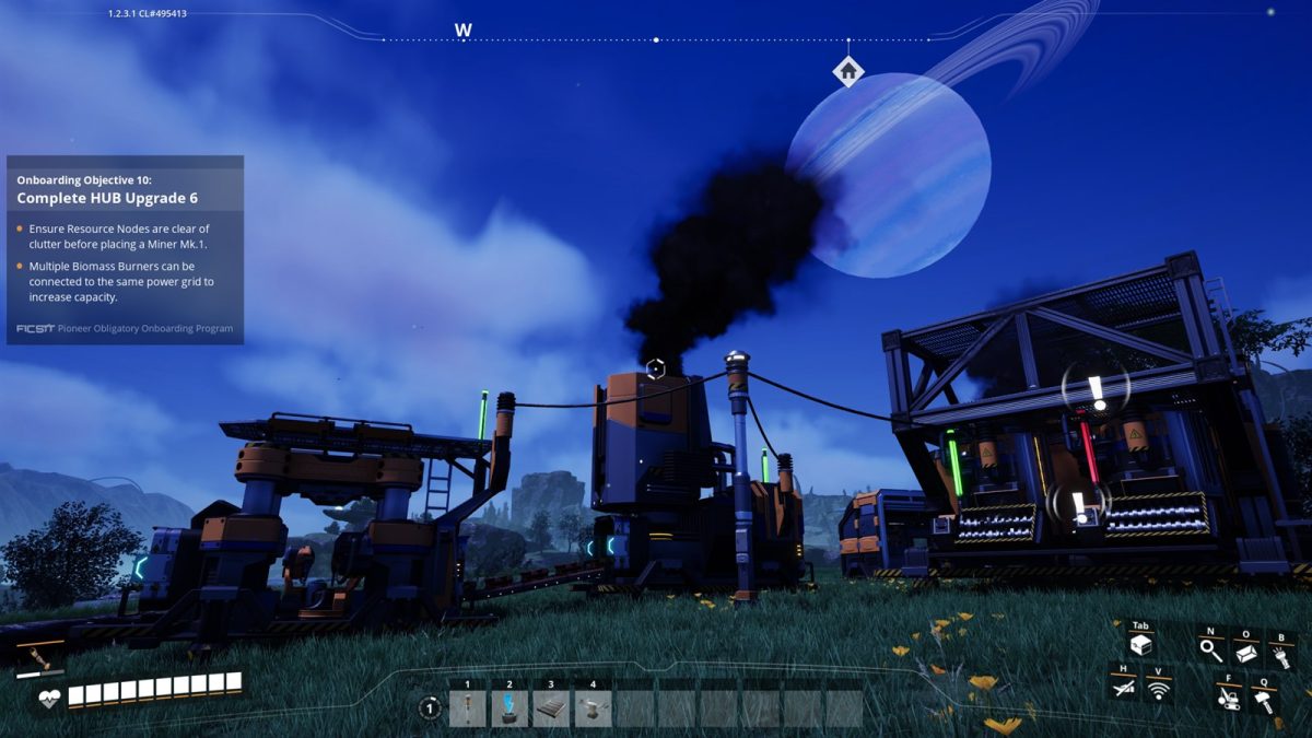 A first Satisfactory factory at dusk - Miner, Smelter, and HUB linked by belts and power under a ringed planet