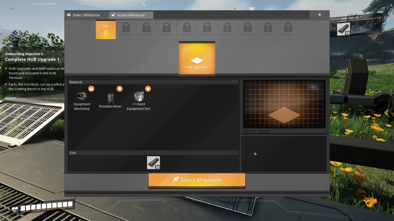 Satisfactory HUB Terminal showing HUB Upgrade 1 rewards Equipment Workshop, Portable Miner, extra hand slot and a cost of 10 Iron Rods