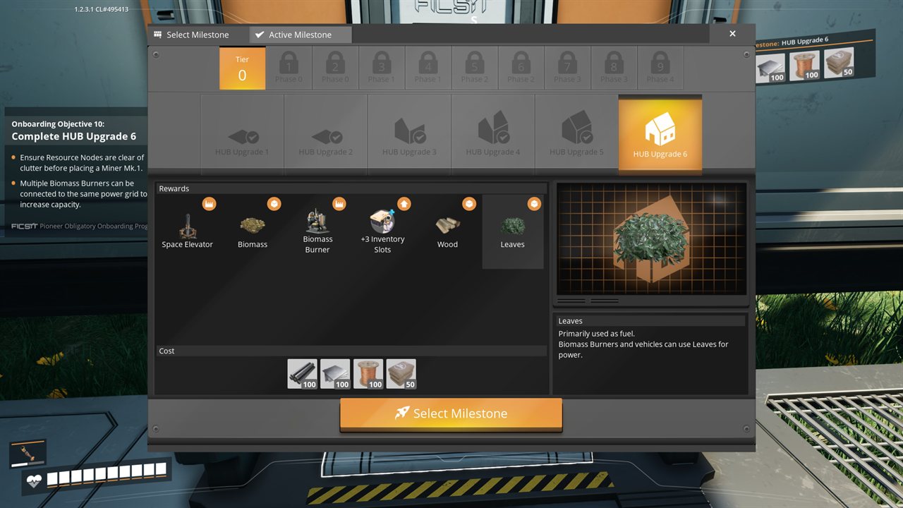 Satisfactory HUB Upgrade 6 milestone, all Tier 0 upgrades complete, rewards include the Space Elevator, cost 100 Iron Rods 100 Iron Plates 100 Wire 50 Concrete