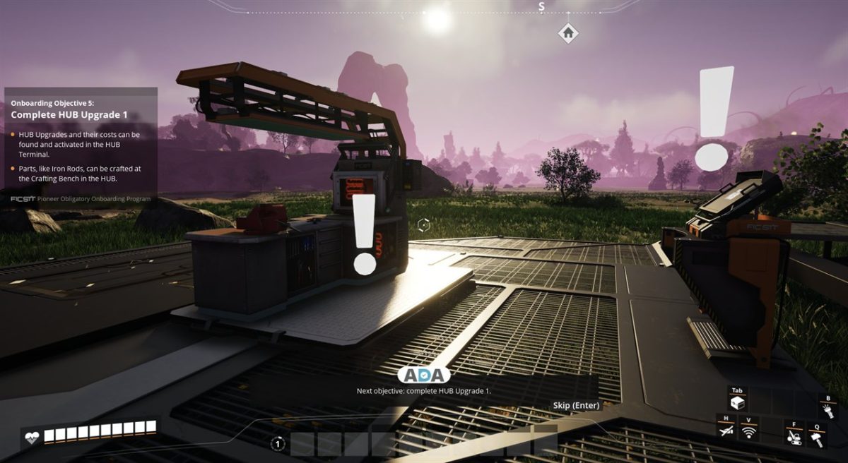 A placed HUB in Satisfactory showing the HUB Terminal and Crafting Bench, next objective HUB Upgrade 1