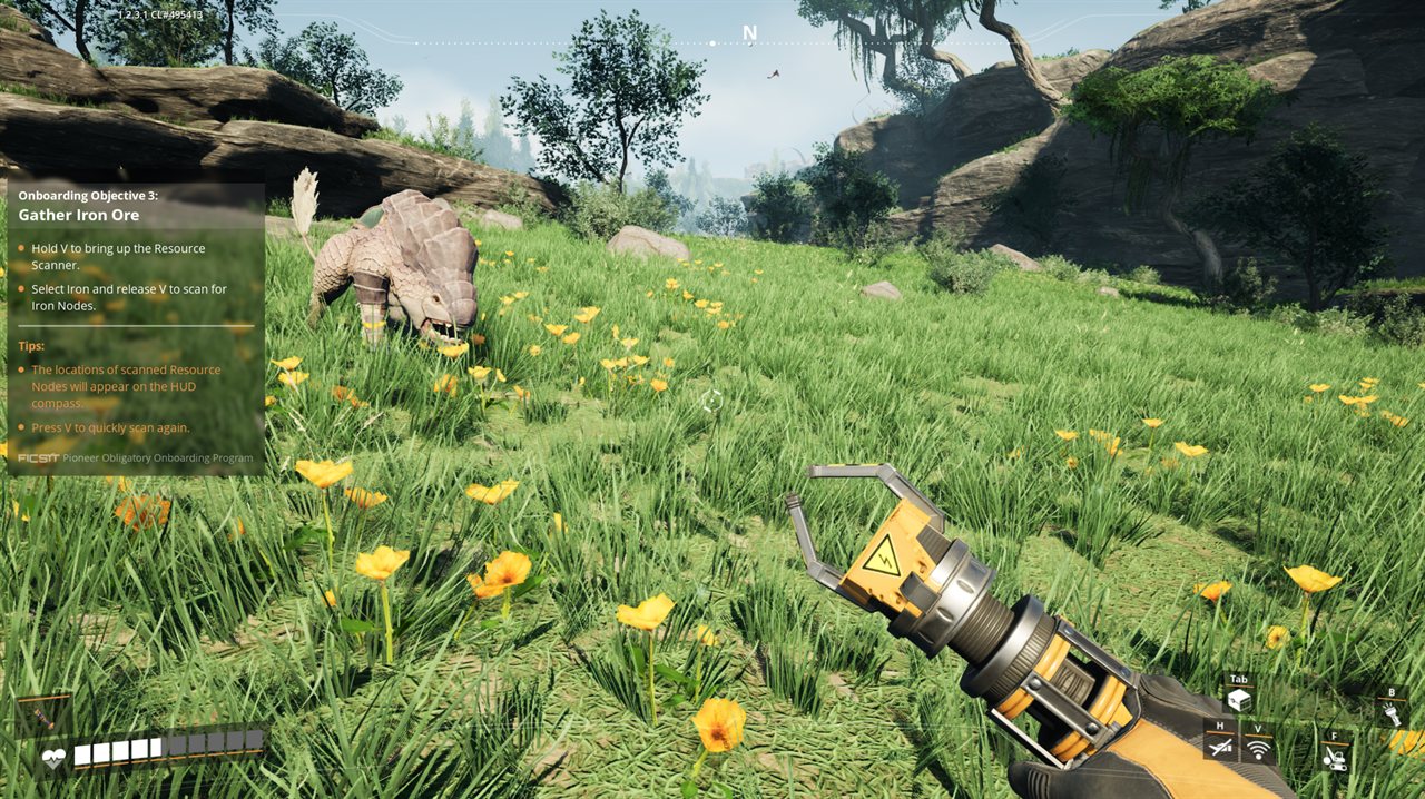 A Fluffy-tailed Hog in the Satisfactory grass fields as the player crosses toward an iron node