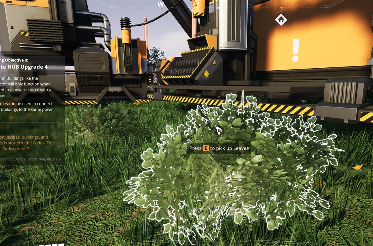 Picking up Leaves from a bush in Satisfactory to fuel the Biomass Burner, machines in the background