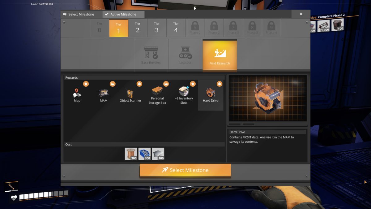 Satisfactory Field Research milestone screen unlocking the MAM, Map, Object Scanner and Hard Drive