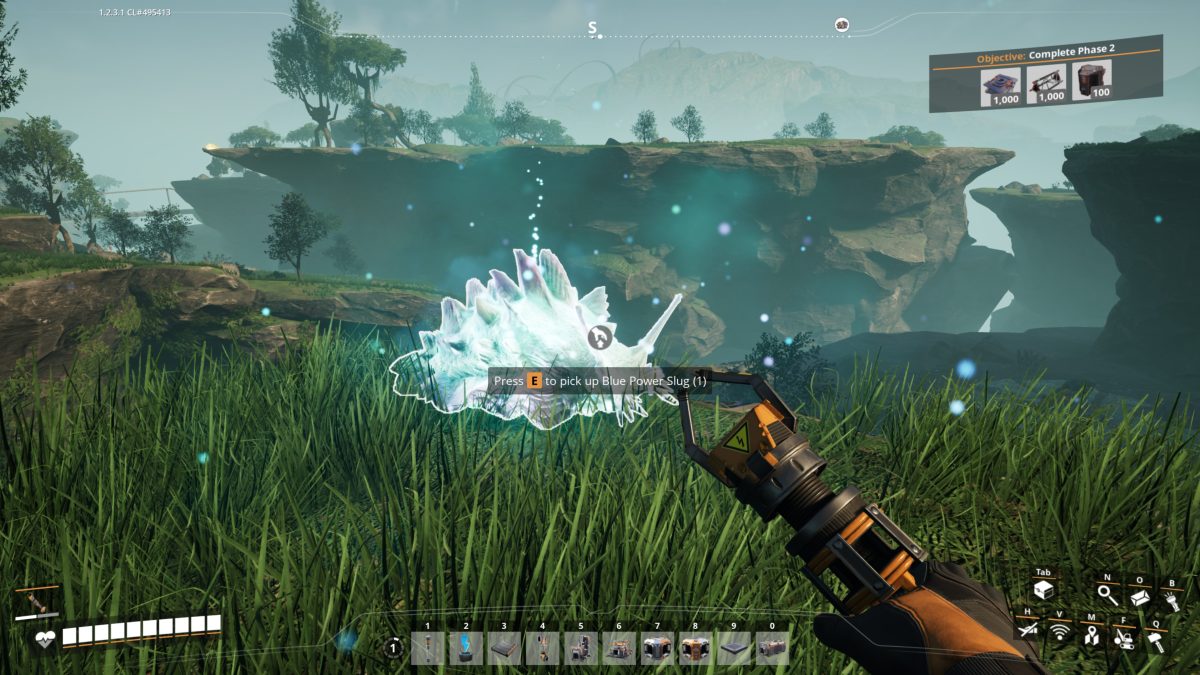 Picking up a Blue Power Slug in Satisfactory