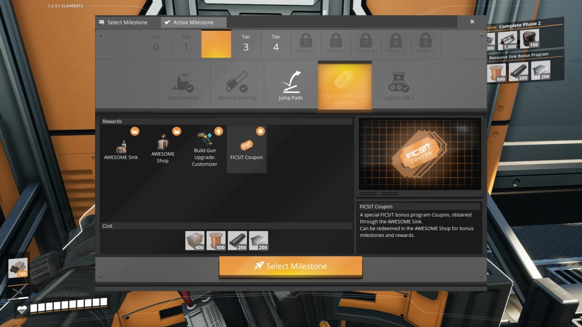 Satisfactory Resource Sink Bonus Program milestone, unlocks the AWESOME Sink and AWESOME Shop