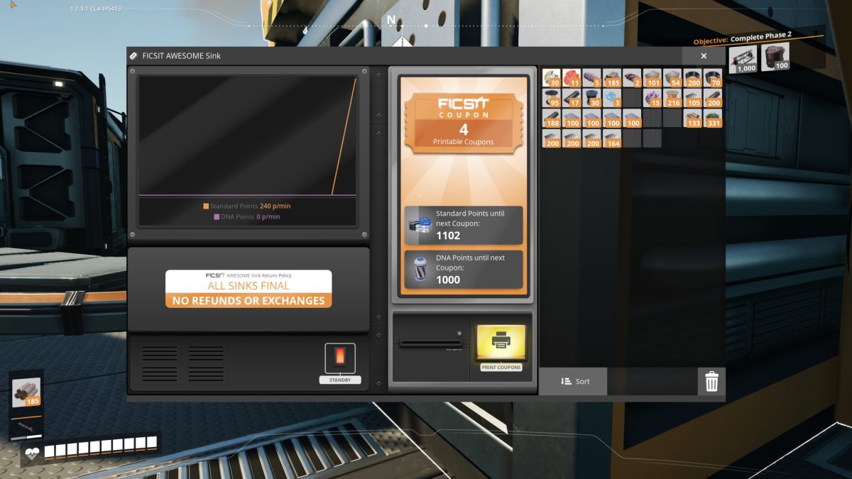 The AWESOME Sink interface in Satisfactory with four printable FICSIT Coupons ready