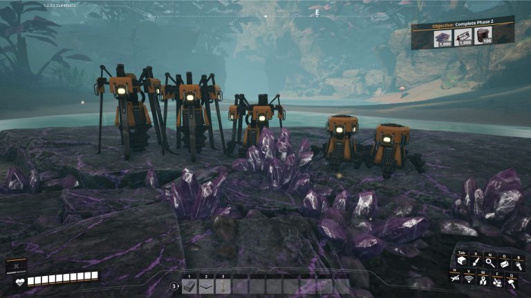 A cluster of Portable Miners on a purple Raw Quartz node in Satisfactory