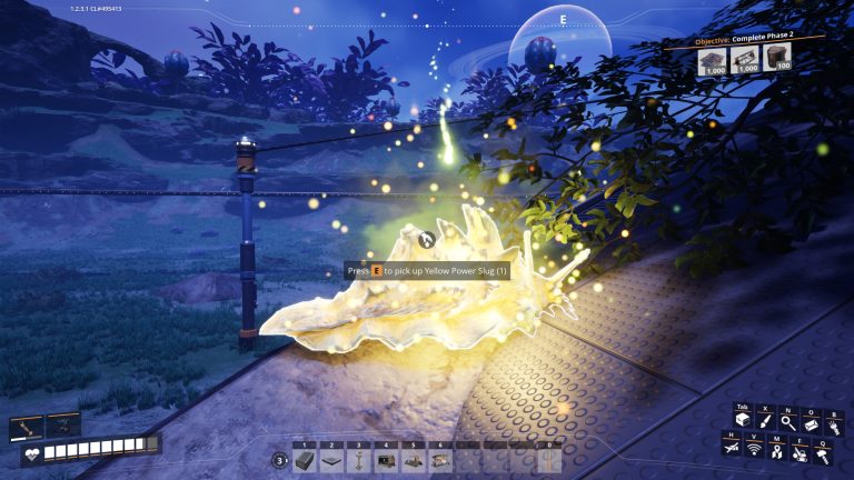 Picking up a Yellow Power Slug in Satisfactory at night