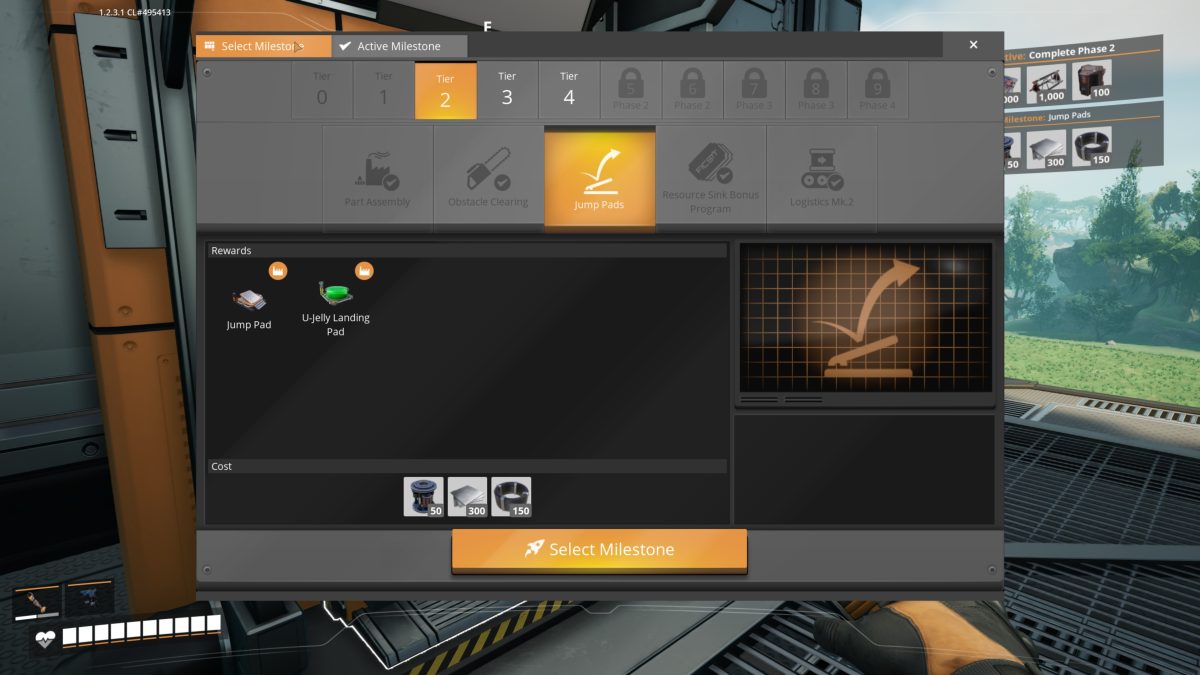 The Jump Pads milestone in Satisfactory, unlocking the Jump Pad and U-Jelly Landing Pad