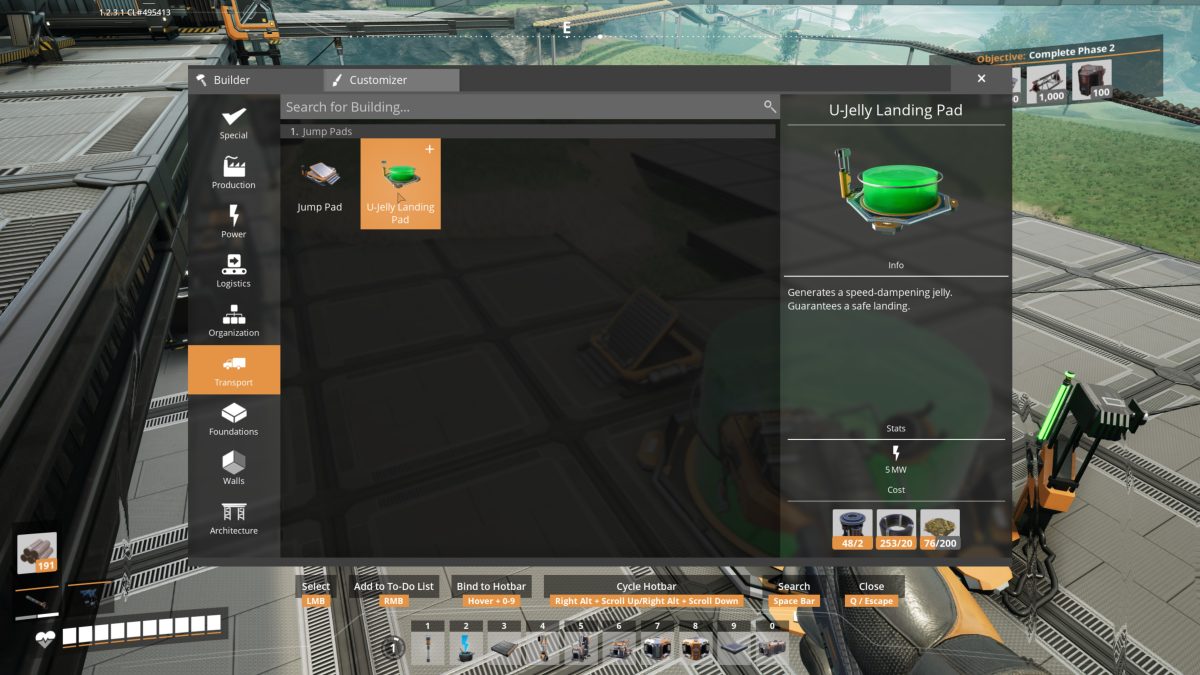 The U-Jelly Landing Pad selected in the Satisfactory build menu showing 5 MW power and its Rotor, Cable and Biomass cost