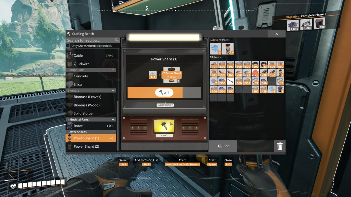 The Crafting Bench Power Shard recipe in Satisfactory, turning a Blue Power Slug into a Power Shard