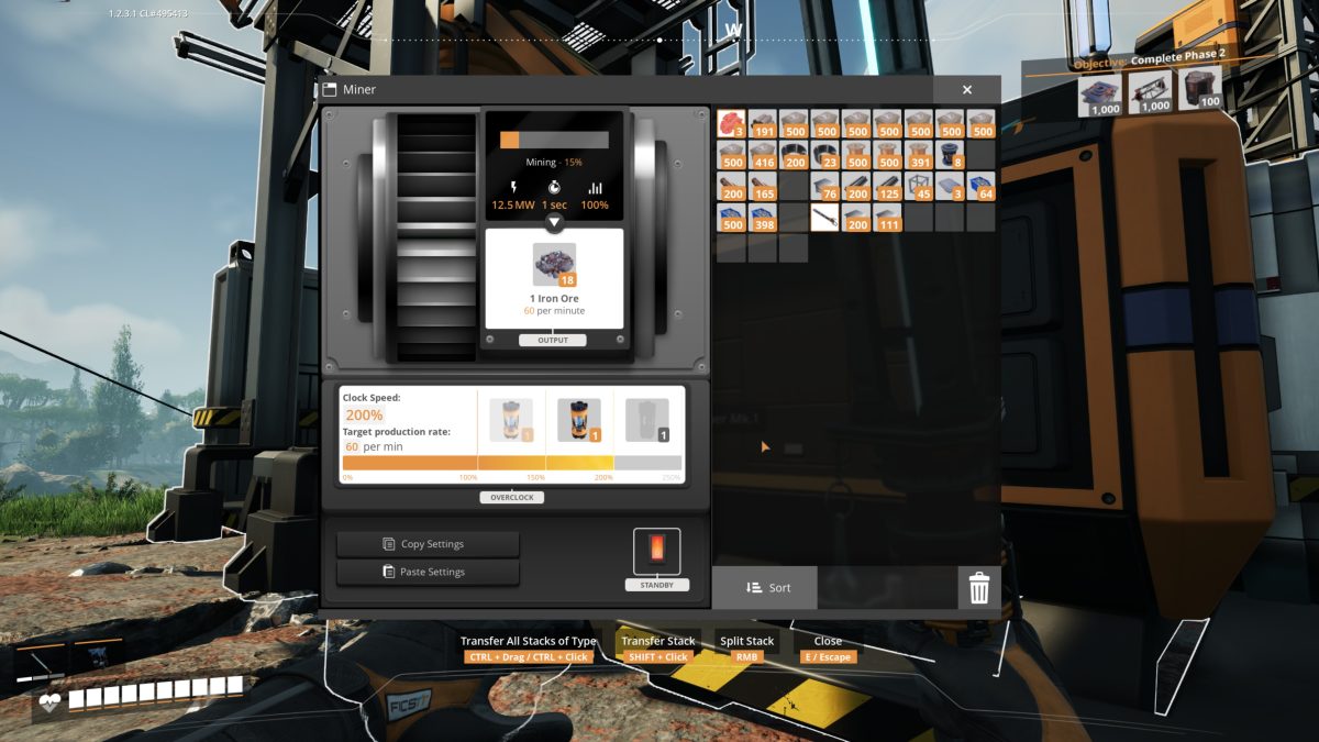 A Miner overclocked to 200% Clock Speed with two Power Shards in Satisfactory, producing 60 Iron Ore per minute