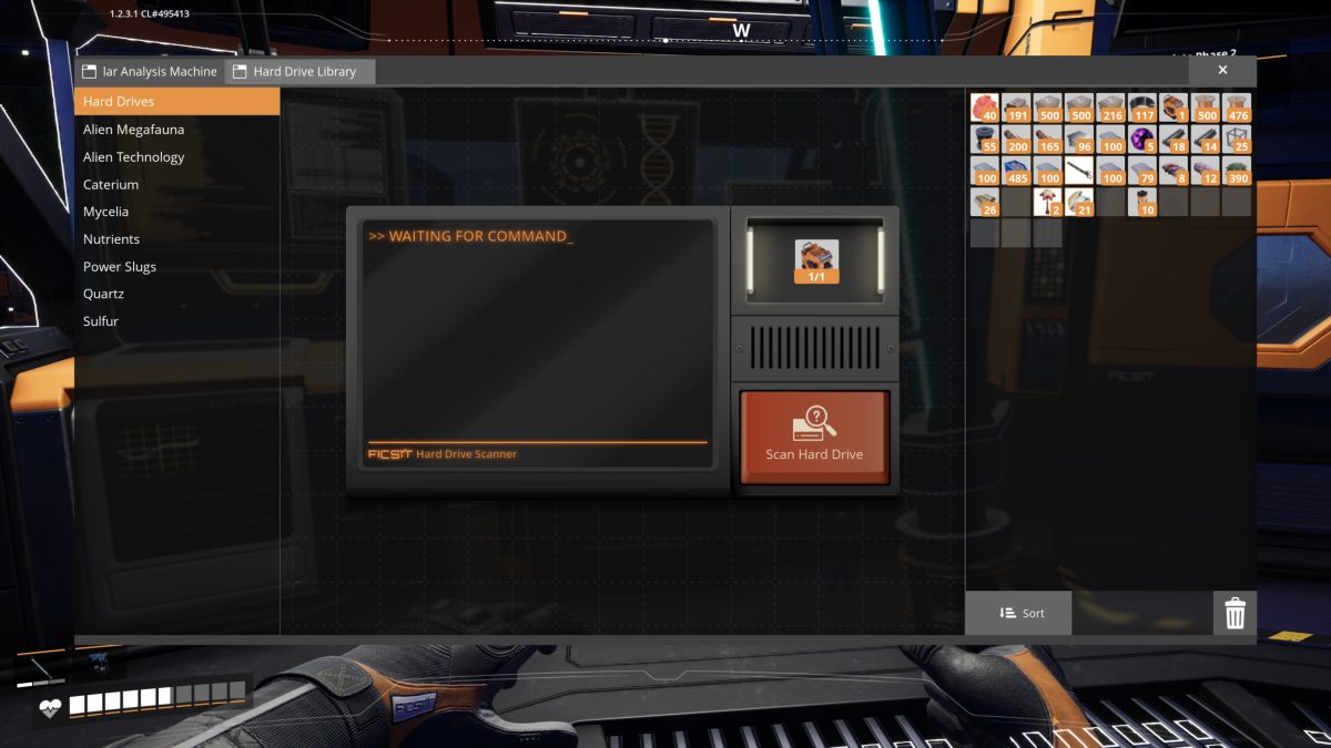 The Hard Drive Library tab of the MAM in Satisfactory, showing the Hard Drive Scanner with a hard drive loaded and a Scan Hard Drive button