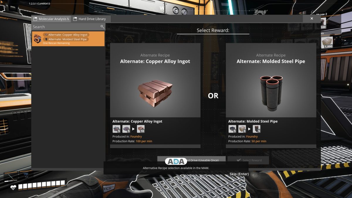 The MAM Hard Drive Library Select Reward screen in Satisfactory, offering a choice between the Alternate Copper Alloy Ingot recipe and the Alternate Molded Steel Pipe recipe with an OR between them