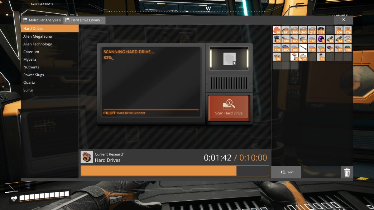 The MAM Hard Drive Scanner scanning a hard drive in Satisfactory, showing a 10 minute research timer