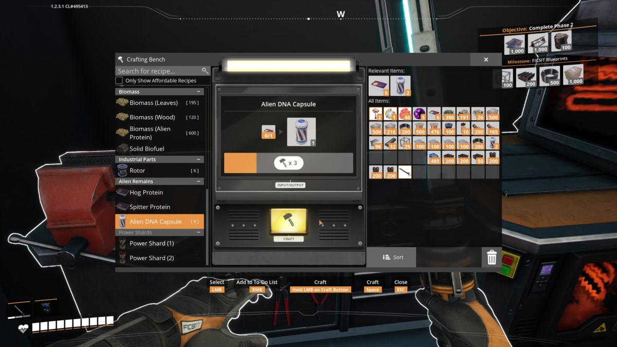 The Satisfactory Crafting Bench with the Alien DNA Capsule recipe, one Protein into one Alien DNA Capsule, and Biomass (Alien Protein) in the left recipe list