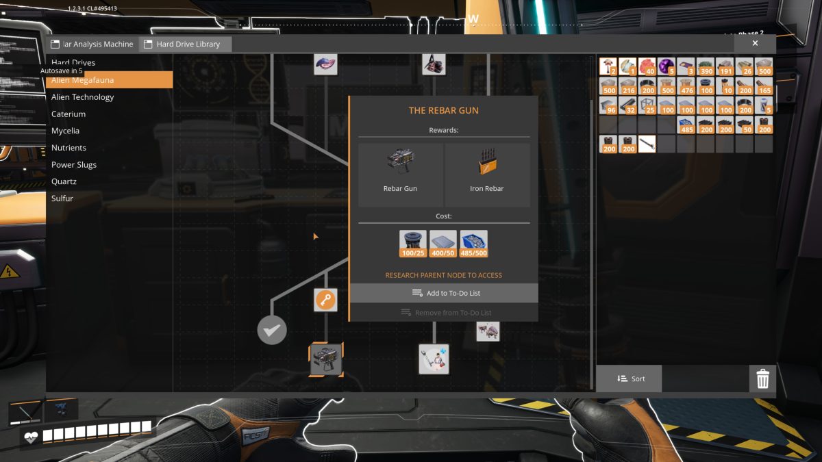 The Rebar Gun node in the Satisfactory Alien Megafauna MAM tree, rewards Rebar Gun and Iron Rebar, marked Research Parent Node To Access