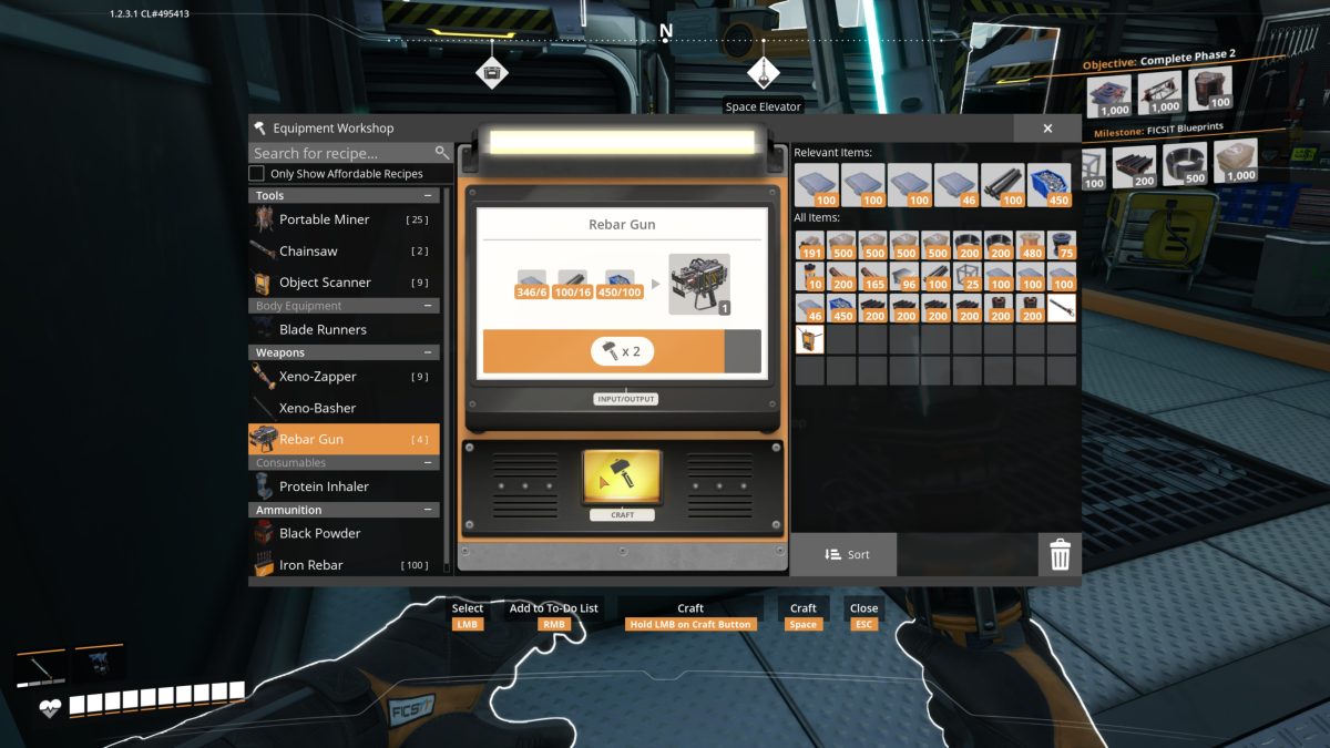 The Rebar Gun craft recipe at the Satisfactory Equipment Workshop, under the Weapons category, with Iron Rebar as ammunition in the list
