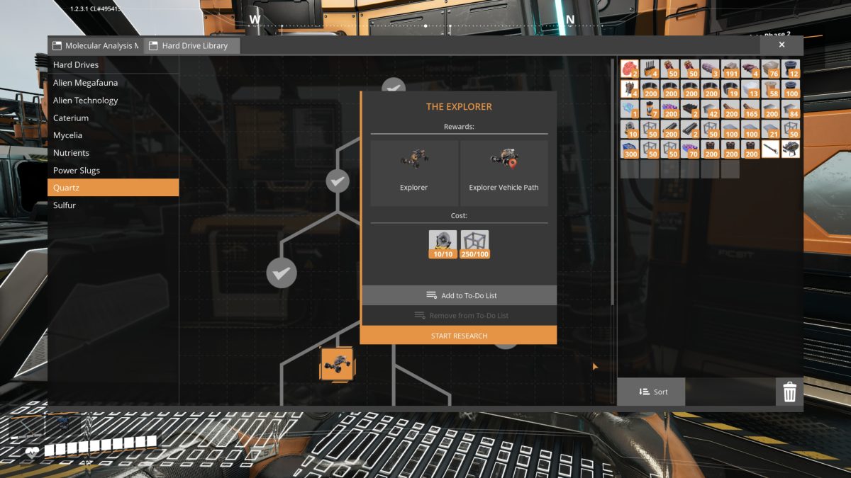 The Explorer research node in the Quartz MAM tree in Satisfactory, rewarding the Explorer all-terrain buggy and Explorer Vehicle Path