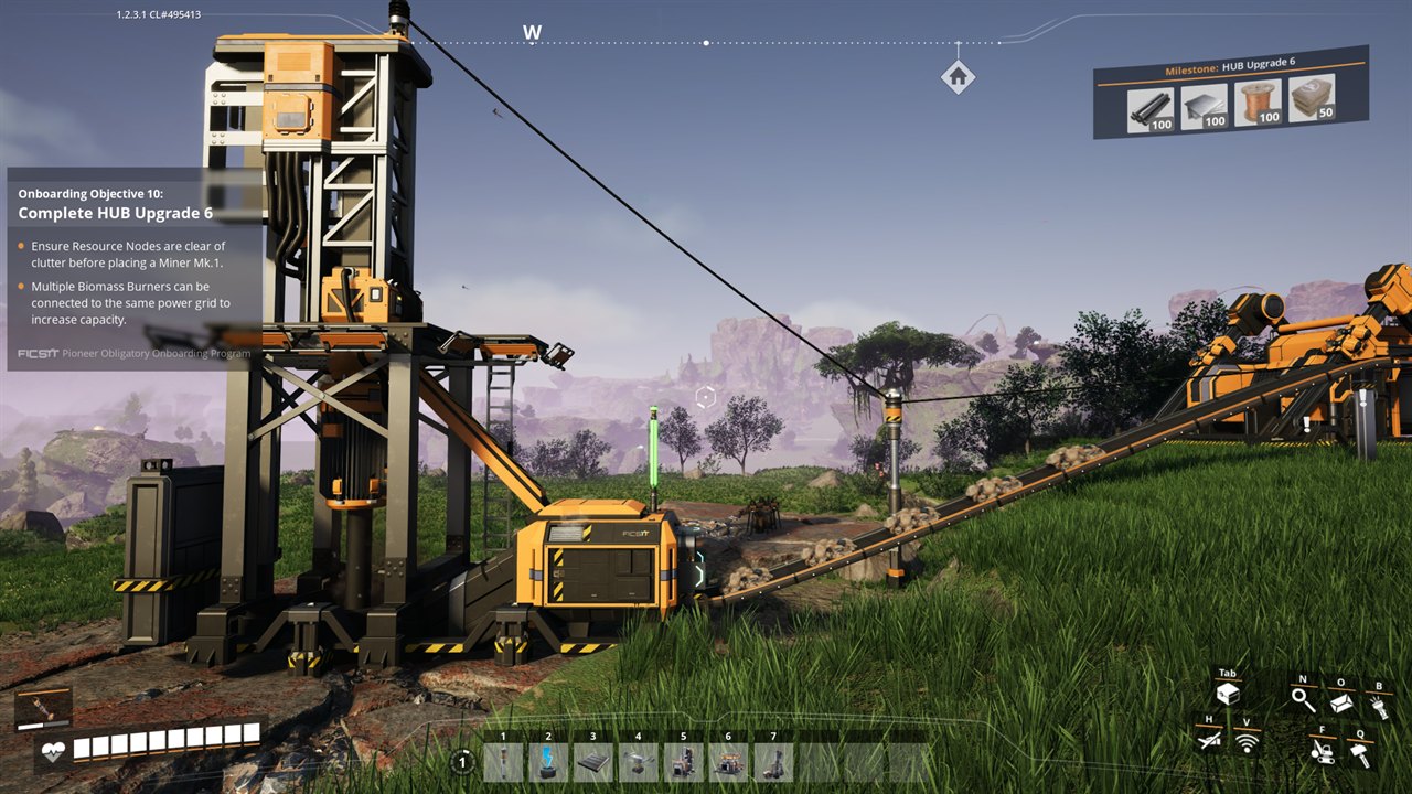 A Miner Mk.1 on an ore node in Satisfactory with a Conveyor Belt carrying ore across the field to another machine