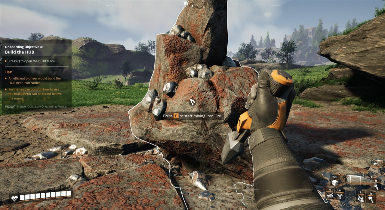 Close-up of an Iron Ore node in Satisfactory with a Press E to start mining Iron Ore prompt