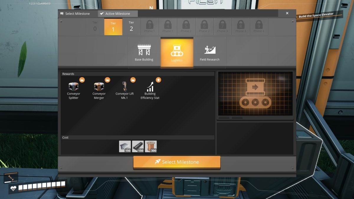 Satisfactory Tier 1 Logistics milestone screen, rewards Conveyor Splitter, Merger, and Lift Mk.1