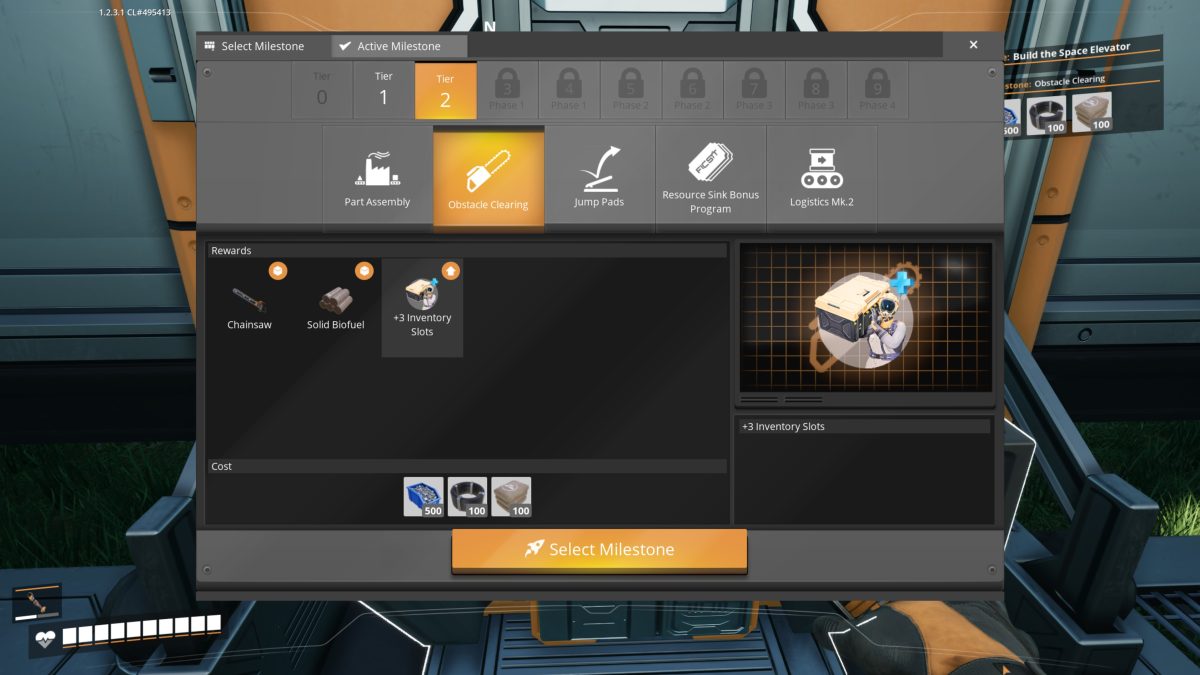 Satisfactory Tier 2 Obstacle Clearing milestone, unlocking the Chainsaw and Solid Biofuel