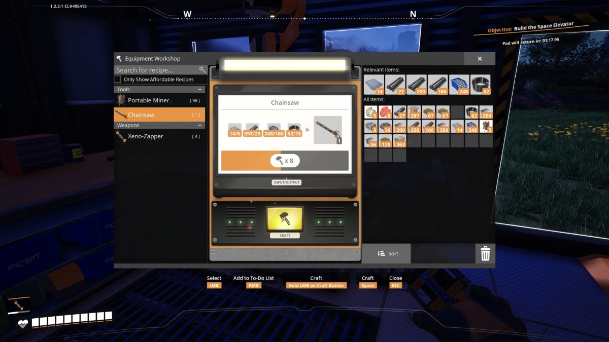 Crafting the Chainsaw at the Equipment Workshop in Satisfactory