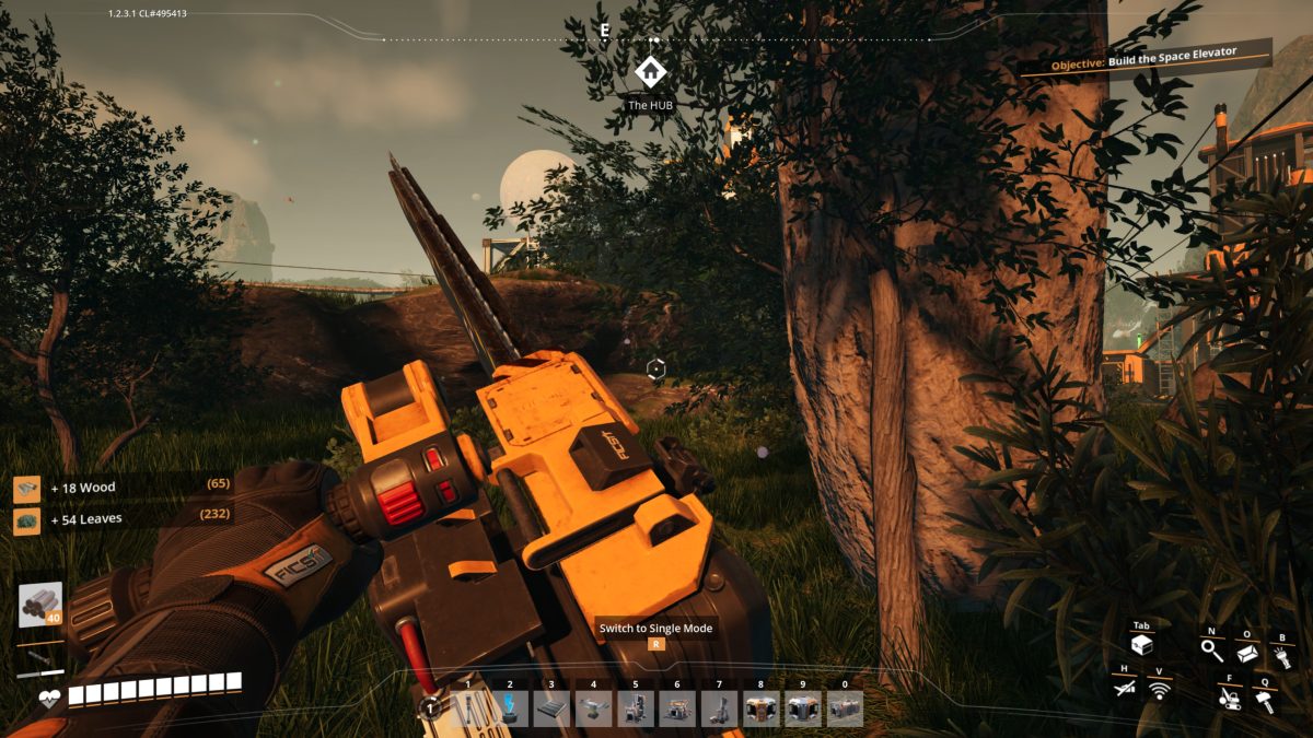 Using the Chainsaw to harvest wood and leaves in bulk in Satisfactory