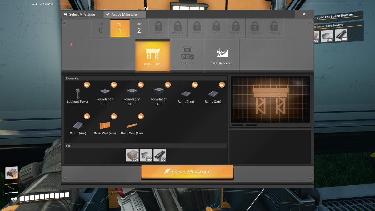 Satisfactory Tier 1 Base Building milestone, unlocking Foundations, Ramps, Walls, and a Lookout Tower