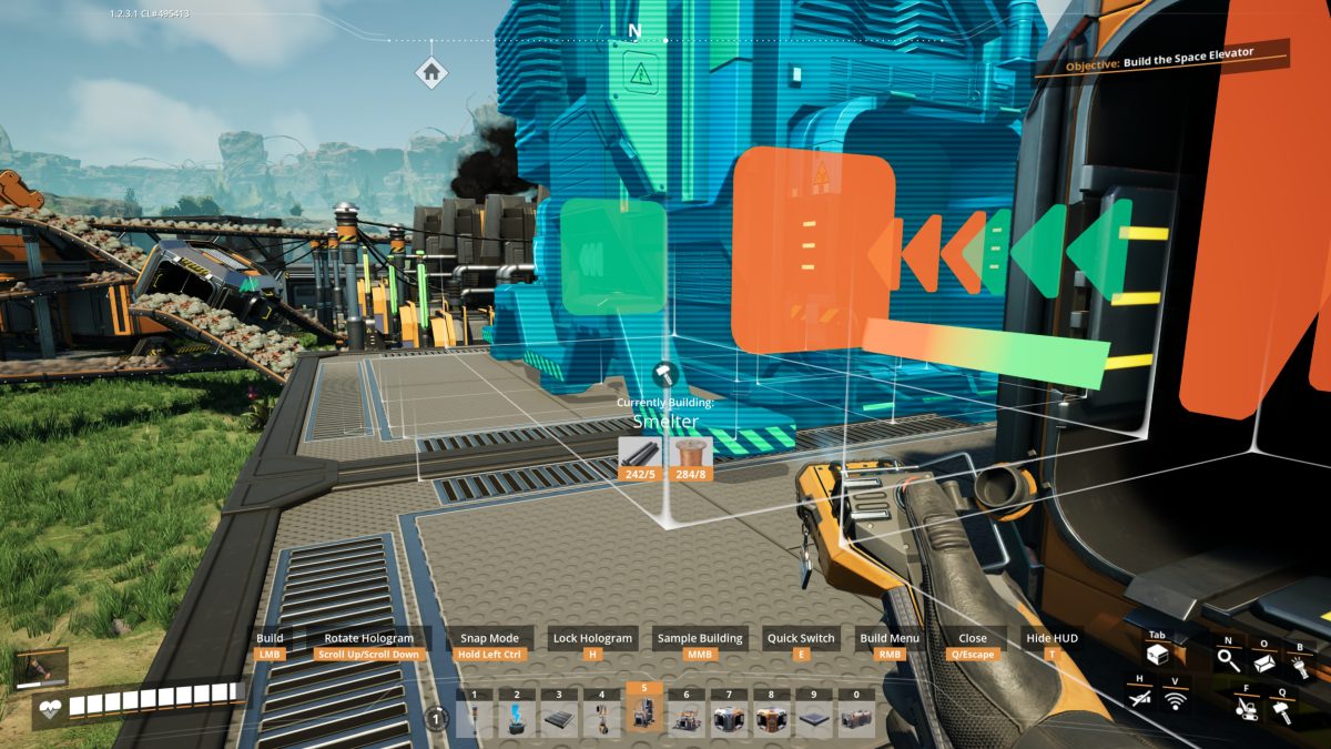 Placing a Smelter on a foundation grid, green input and orange output ports lit