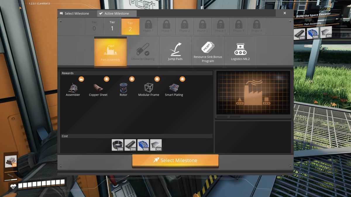 Satisfactory Tier 2 Part Assembly milestone, unlocking the Assembler and Smart Plating