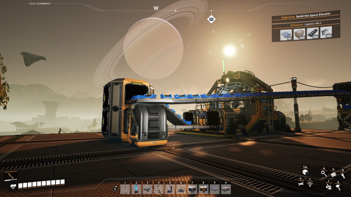 An Assembler in Satisfactory producing Reinforced Iron Plates onto a conveyor belt into storage, at dusk under a ringed planet