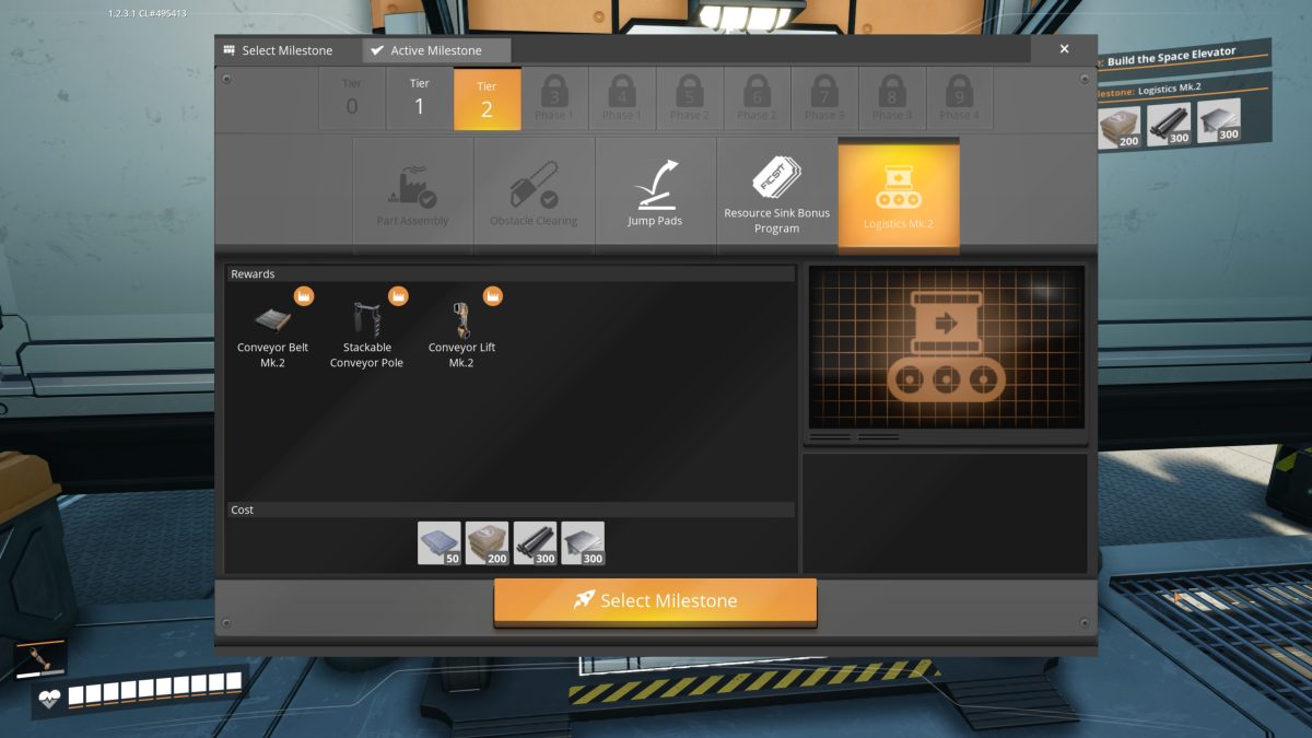 Satisfactory Tier 2 Logistics Mk.2 milestone screen, rewards Conveyor Belt Mk.2, Stackable Conveyor Pole, and Conveyor Lift Mk.2