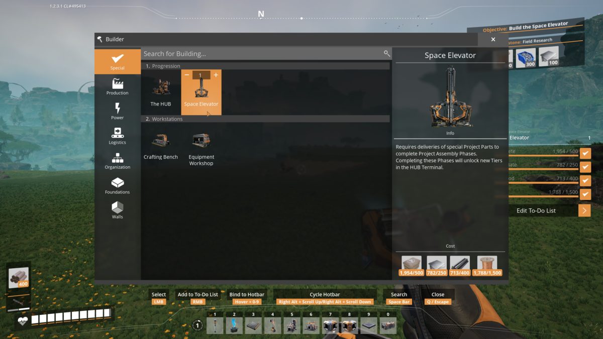 Building the Space Elevator in Satisfactory from the Build Menu Progression tab, showing its cost