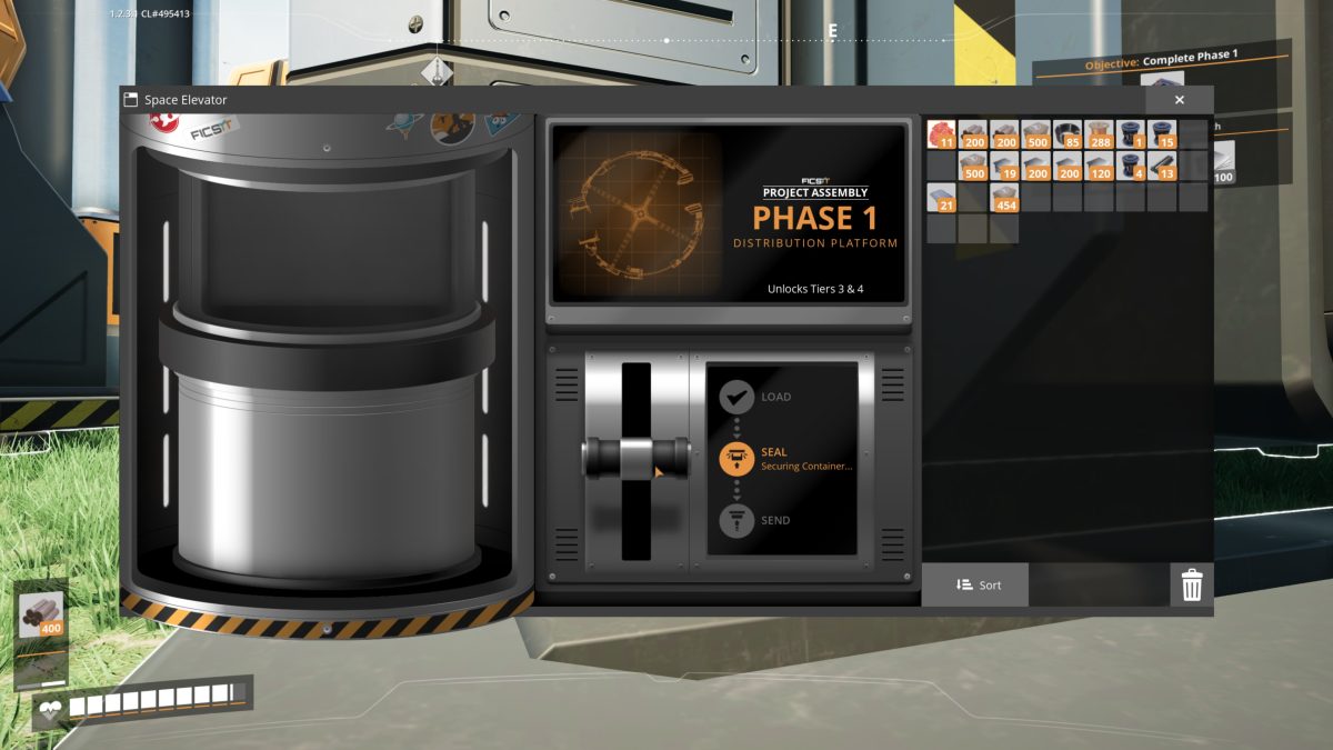 The Space Elevator delivery screen completing Phase 1 in Satisfactory, Unlocks Tiers 3 and 4