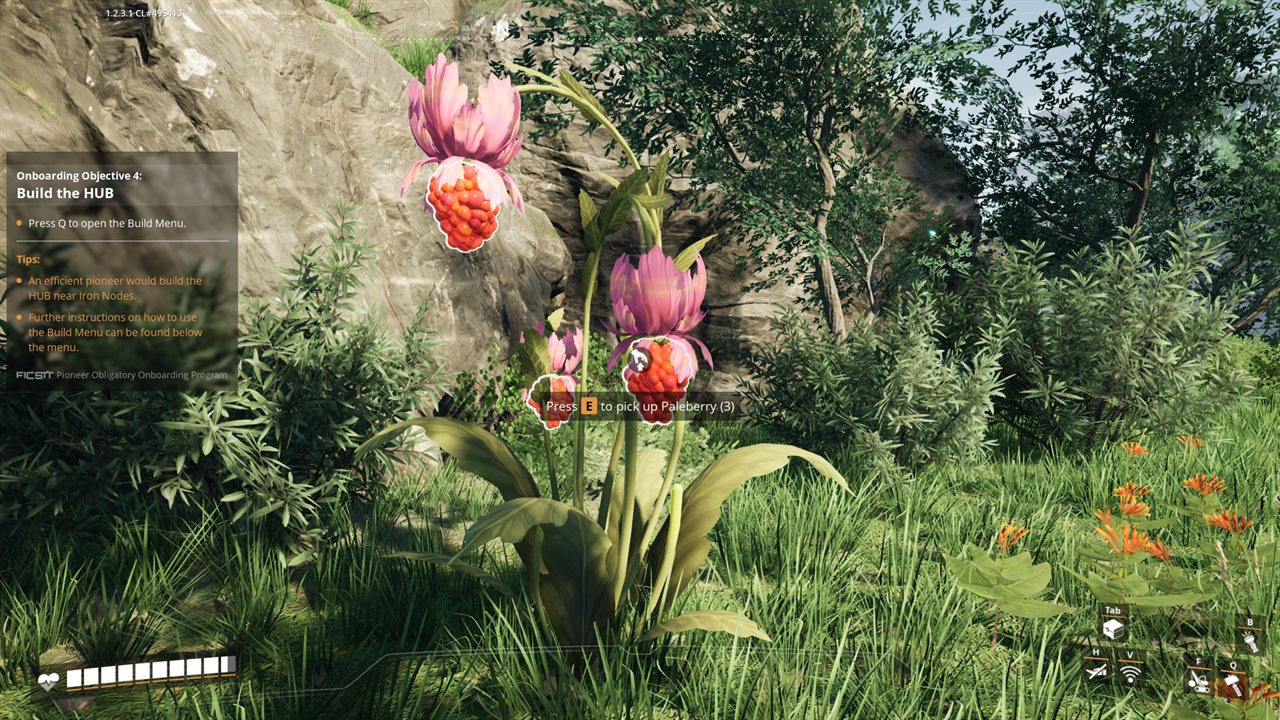 A Paleberry plant in Satisfactory with a Press E to pick up Paleberry prompt, used to heal