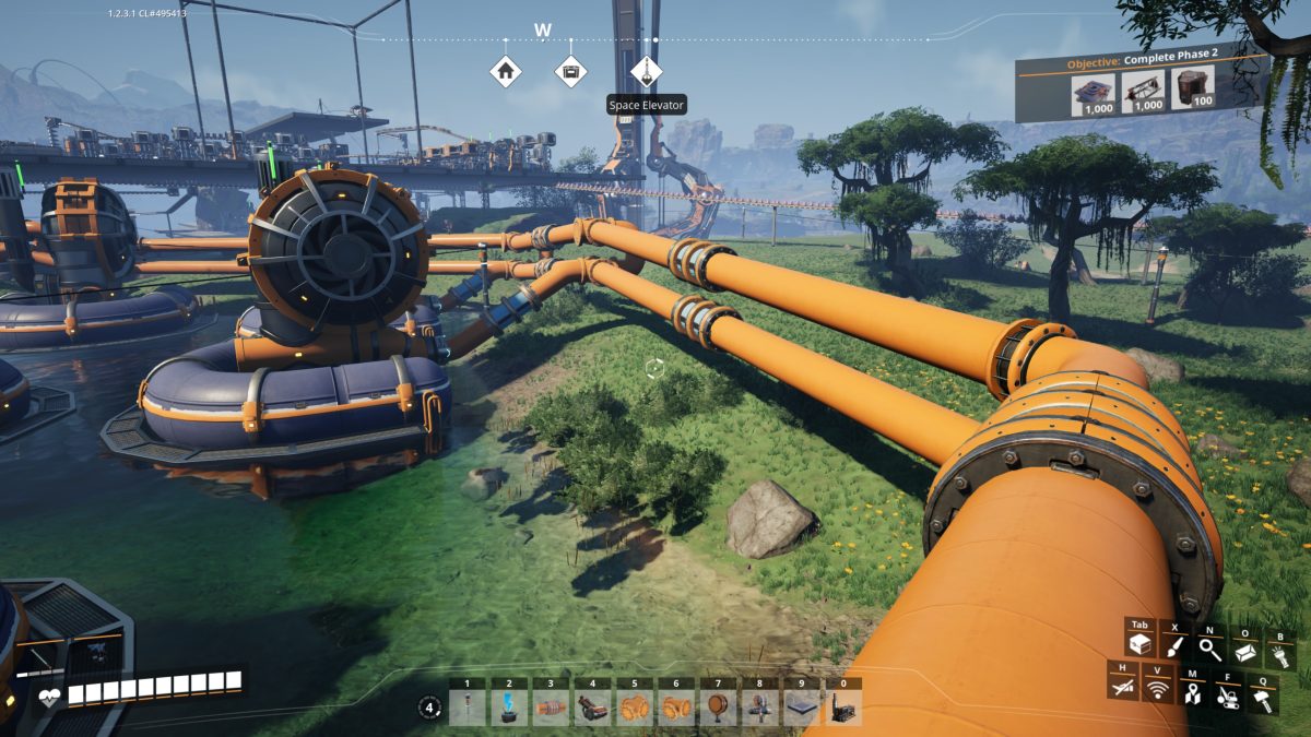 Water Extractors on a lake in Satisfactory pumping water into large orange pipelines that feed a coal power plant, with the Space Elevator in the distance