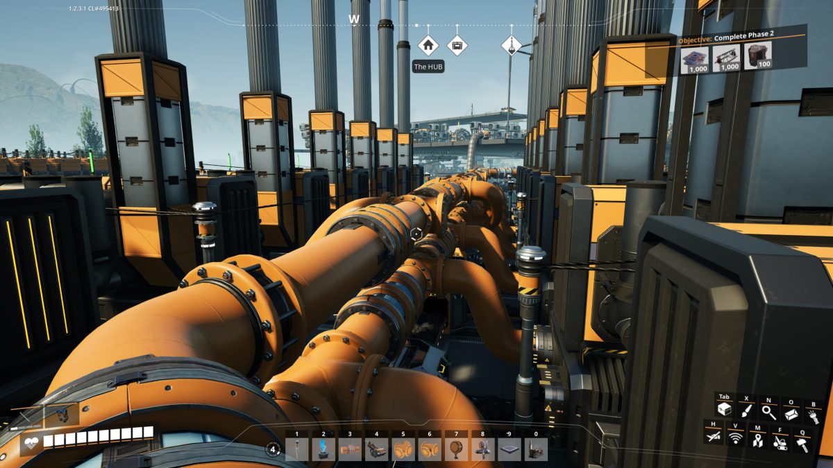 A network of large orange water pipelines running along a row of Coal-Powered Generators in Satisfactory, branching off to feed each generator