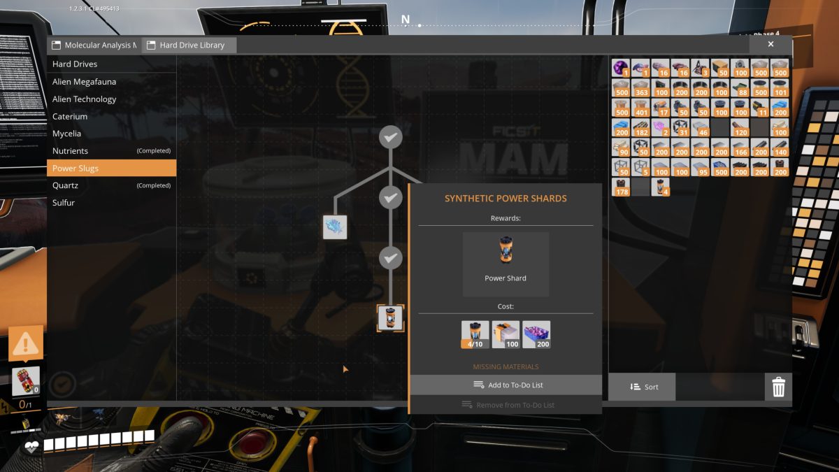 The Synthetic Power Shards node in the Power Slugs MAM tree in Satisfactory, crafting Power Shards without slugs