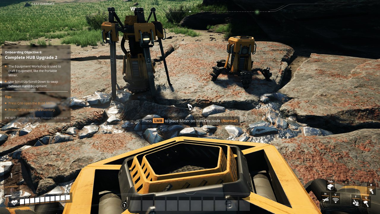Placing a Portable Miner on an Iron Ore node in Satisfactory, another miner already drilling