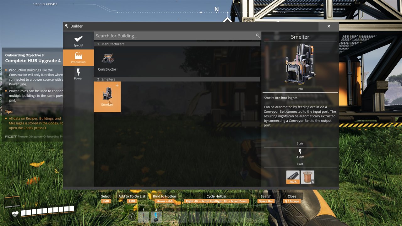 Satisfactory Build Menu with the Smelter selected, showing it smelts ore into ingots via conveyor belts, 4 MW