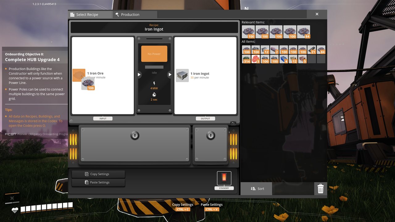 Satisfactory Smelter production window showing Iron Ore input, Iron Ingot output, 30 per minute, 4 MW, No Power idle state