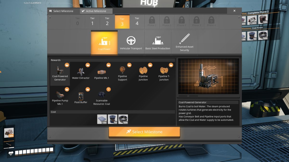 The Tier 3 Coal Power milestone screen in Satisfactory, unlocking the Coal-Powered Generator and pipes